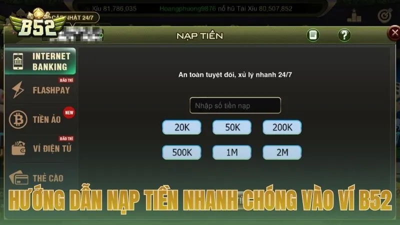 Hướng dẫn nạp tiền nhanh chóng vào ví B52